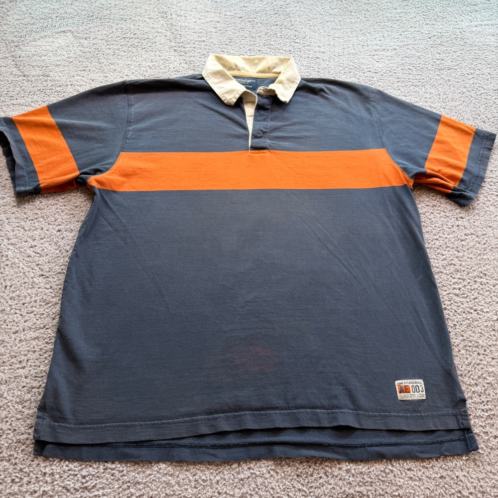 American Eagle Mens XL Rugby Polo Shirt Navy Blue Orange Y2K Vintage XL
